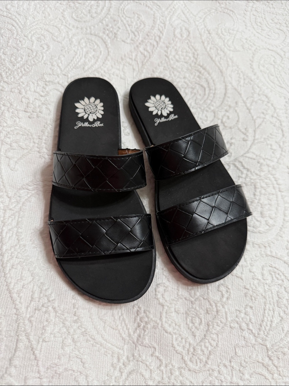 Yellow Box Size 6 Black Double-Strap Slide Sandals